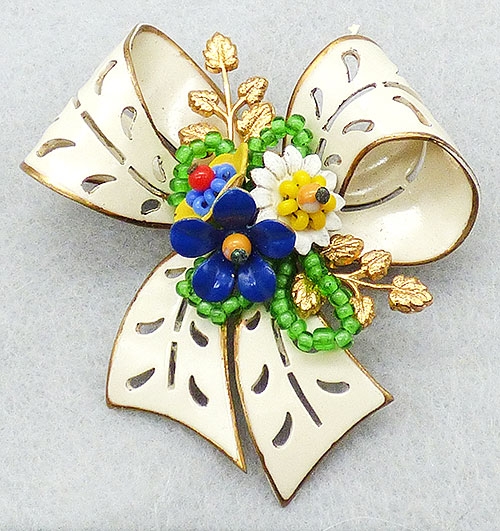 Newly Added Enamel Bow with Floral Boquet Brooch